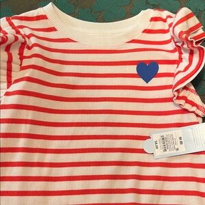 Girls' Red & White Striped Short Sleeve Top with Blue Heart